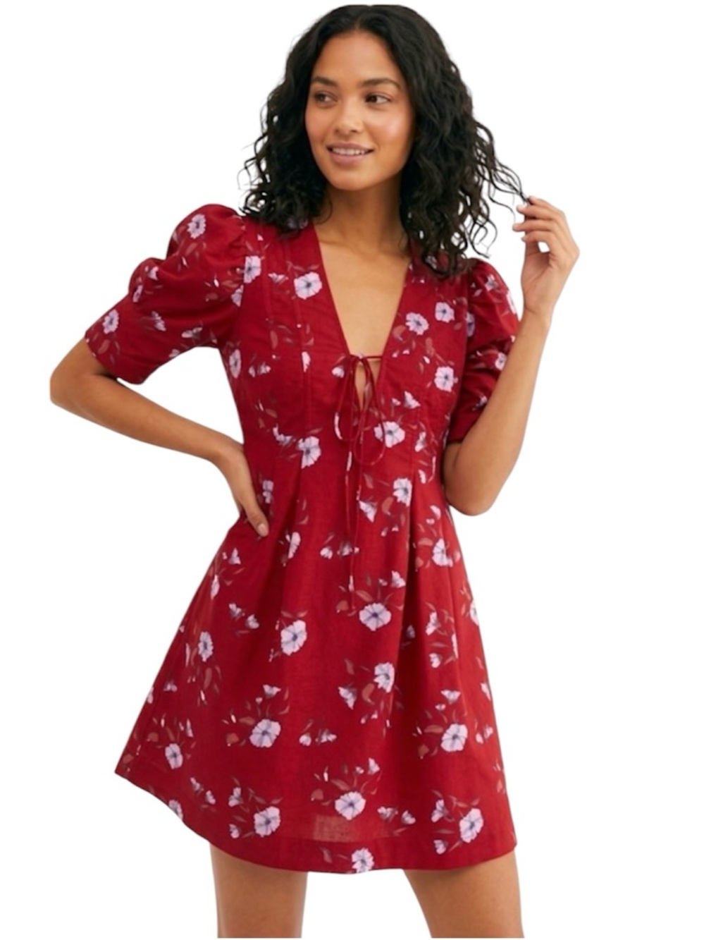 Free People Women’s Red Floral Tie-Front Puff Sleeve Mini Dress Size S/P